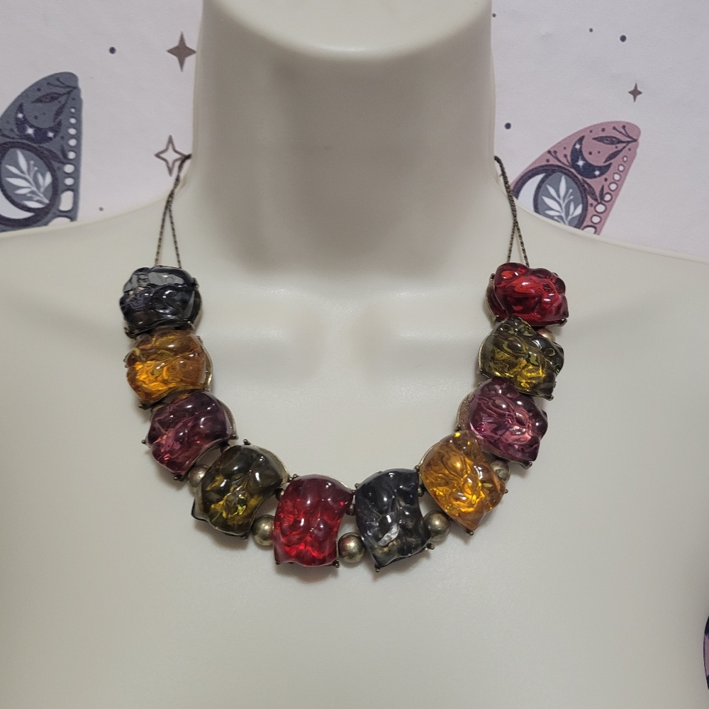 VTG Chunky Faux Natural Gemstone Necklace Statement Costume Bib Earthy Colorful